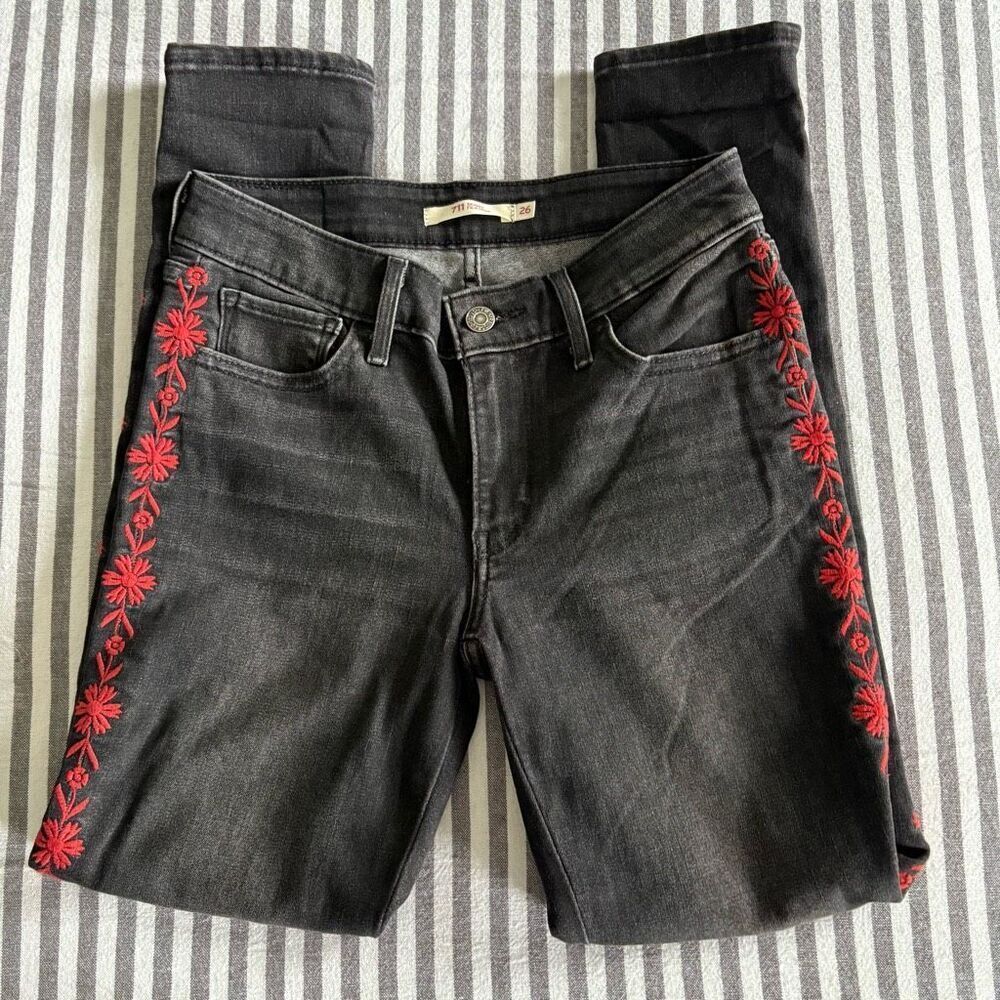 Levi’s 711 Skinny Filiforme Black Jeans With Embroidered Sides Size 26